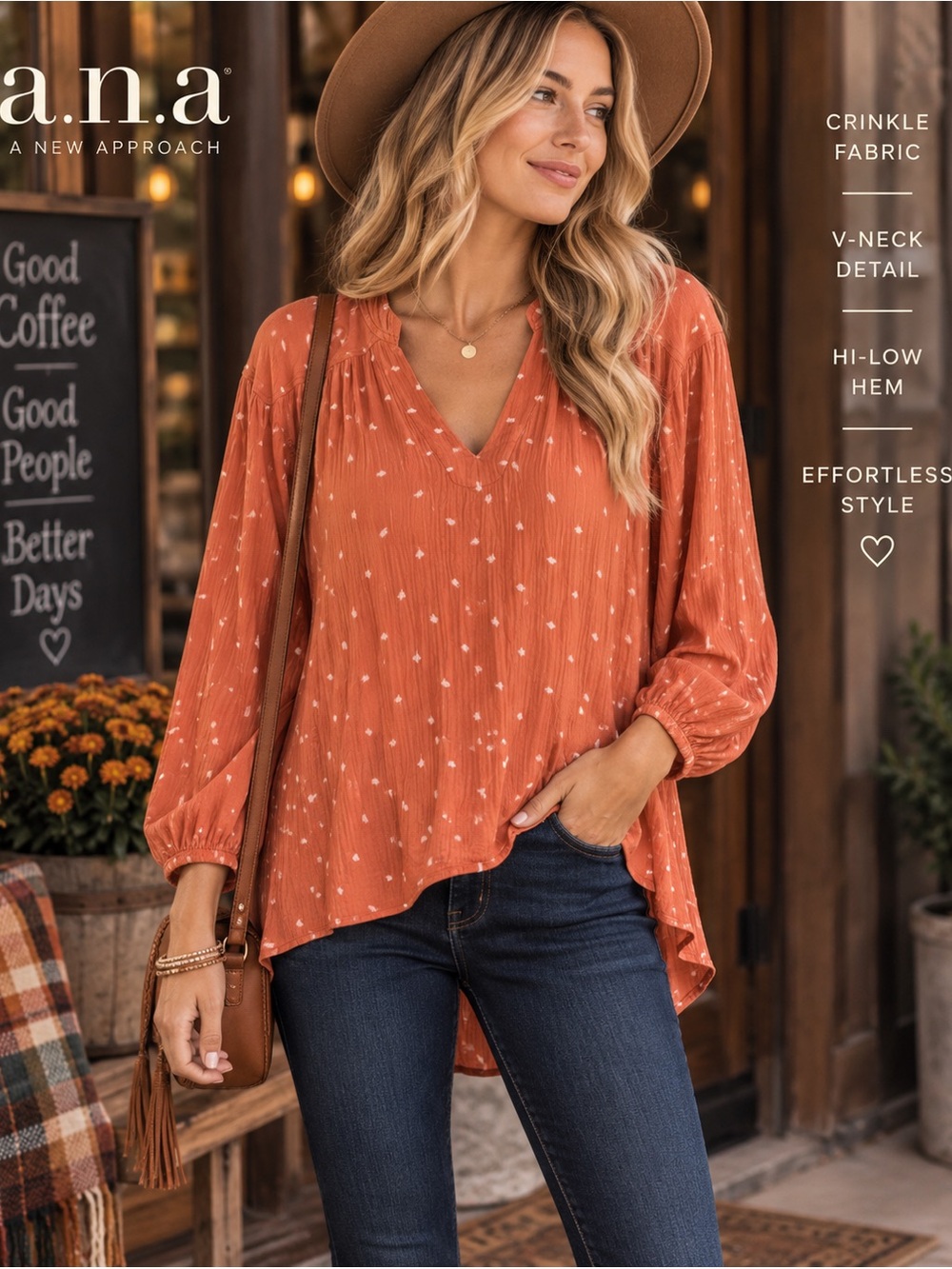 a.n.a Orange Polka Dot Crinkle Blouse Small Hi Low Boho
